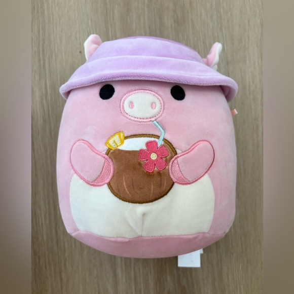 Squishmallows  7.5-Inch Peter the Pink Pig with Tropical Drink and Bucket Hat - Picture 1 of 7